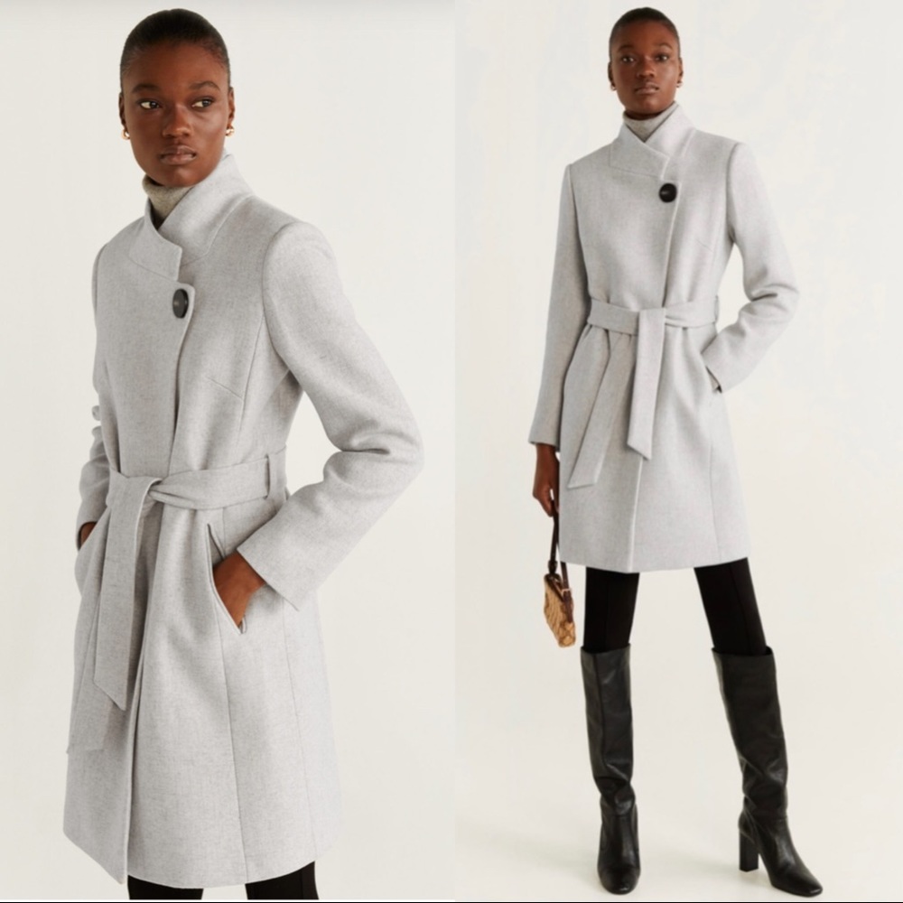 MANGO MANTECO Italian Wool Blend Grey Beige Asymmetrical Belted Wool Coat XXS